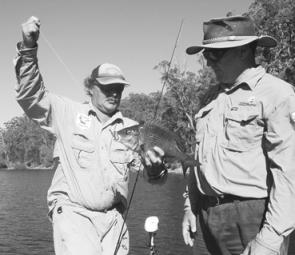 The author with Roger Thorton and a Mallacoota bream caught on a 3” olive pearl Berkley Bass Minnow